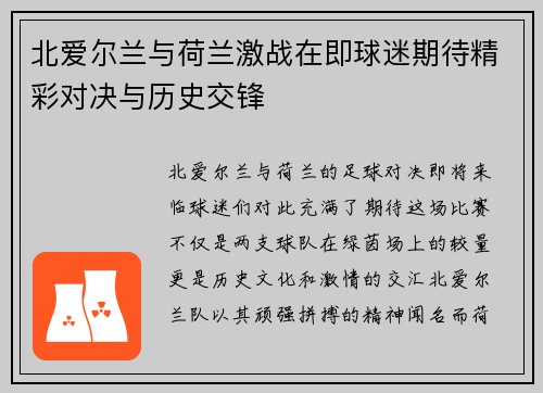 北爱尔兰与荷兰激战在即球迷期待精彩对决与历史交锋